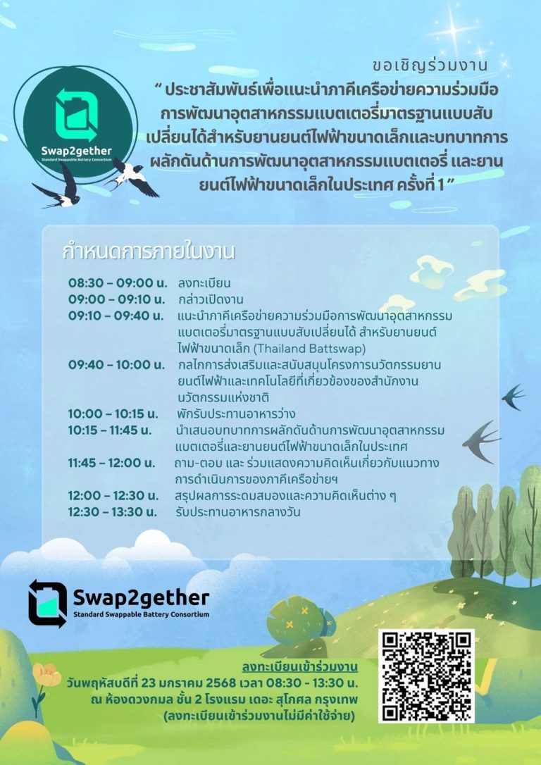 ประชาสัมพันธ์เพื่อแนะนำภาคีเครือข่ายความร่วมมือ การพัฒนาอุตสาหกรรมแบตเตอรี่มาตรฐานแบบสับเปลี่ยนได้สำหรับยานยนต์ไฟฟ้าขนาดเล็ก และบทบาทการผลักดันด้านการพัฒนาอุตสาหกรรมแบตเตอรี่และยานยนต์ไฟฟ้าขนาดเล็กในประเทศ ครั้งที่ 1
